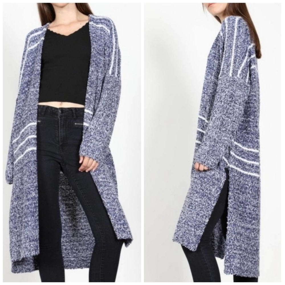 Essue Womens Blue White Ribbed Knit Duster Cardigan Size Small